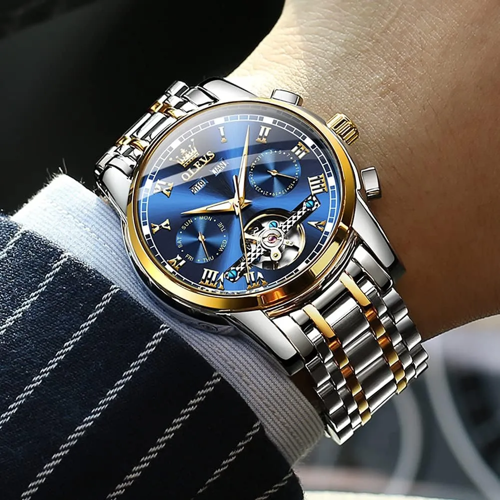 OLEVS Automatic Mechanical Men Watch,Day-Date-Month-and-Year Automatic Watch Men,Fashion Stainless Steel Watch Green&Blue&Black Face