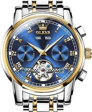 OLEVS Automatic Mechanical Men Watch,Day-Date-Month-and-Year Automatic Watch Men,Fashion Stainless Steel Watch Green&Blue&Black Face