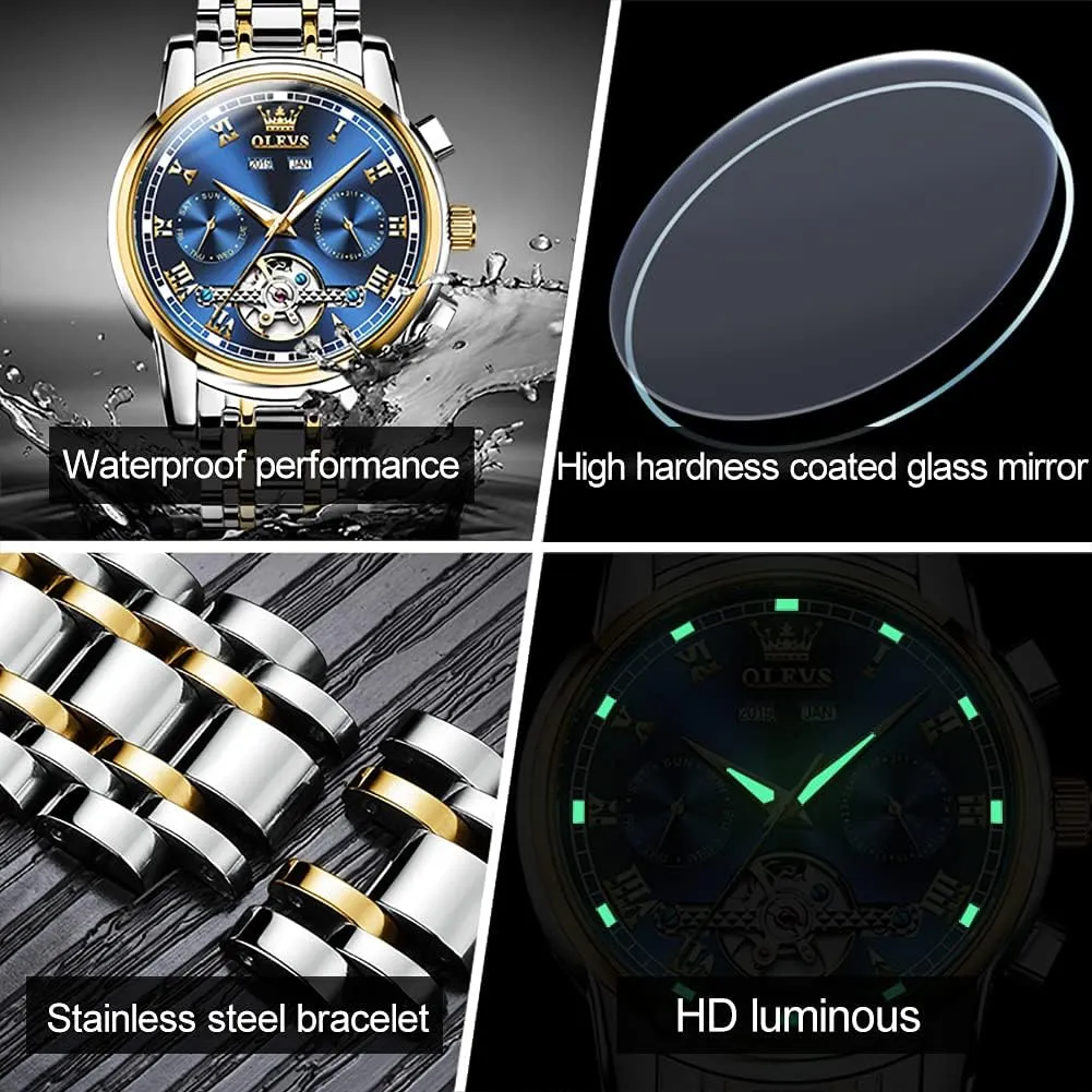 OLEVS Automatic Mechanical Men Watch,Day-Date-Month-and-Year Automatic Watch Men,Fashion Stainless Steel Watch Green&Blue&Black Face