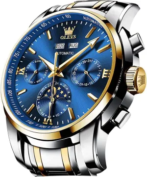 OLEVS Automatic Men Watch Self Winding Mechanical Luxury Dress Moon Phase Stainless Steel Waterproof Luminous Calendar Wrist Watch