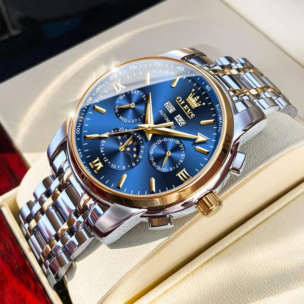 OLEVS Automatic Men Watch Self Winding Mechanical Luxury Dress Moon Phase Stainless Steel Waterproof Luminous Calendar Wrist Watch