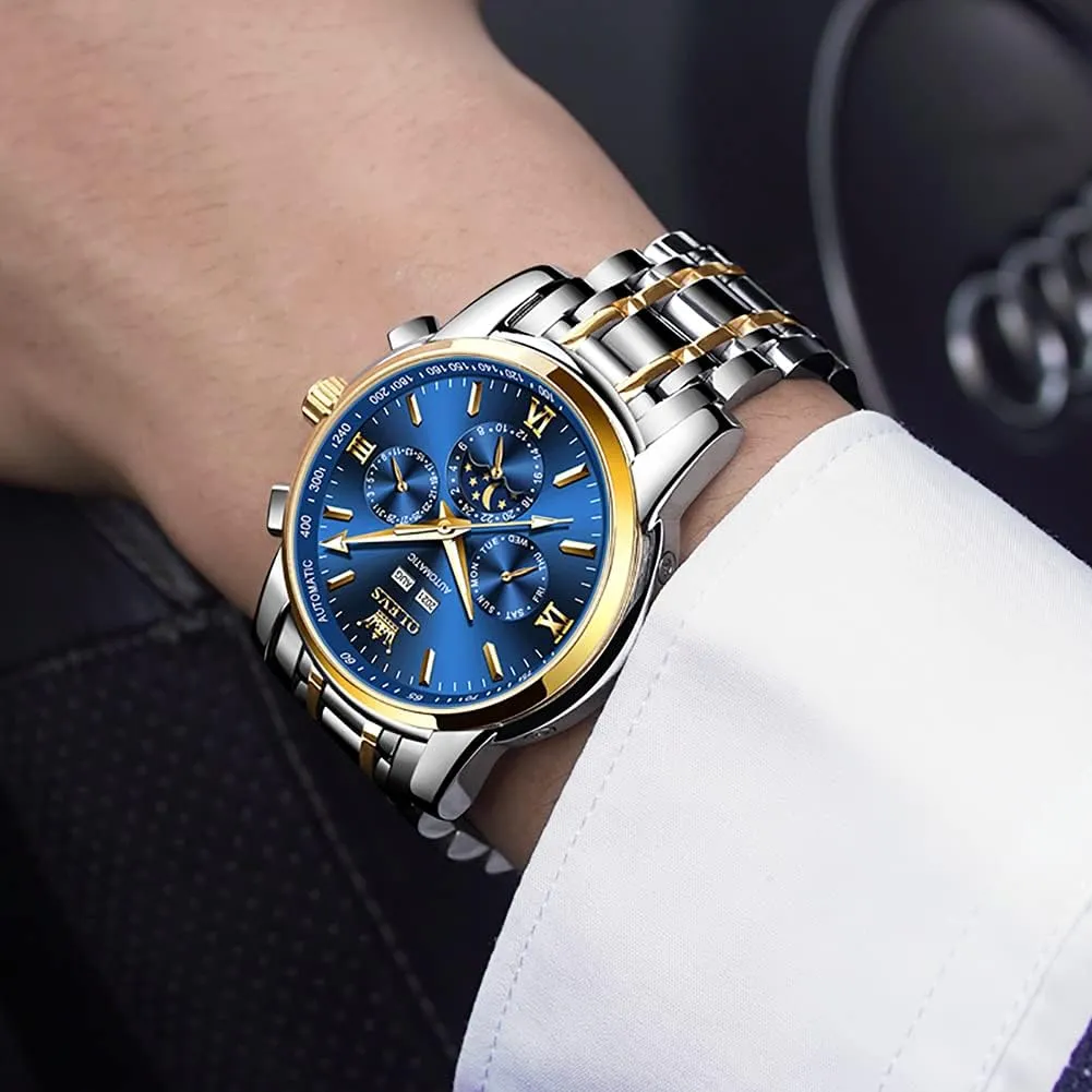 OLEVS Automatic Men Watch Self Winding Mechanical Luxury Dress Moon Phase Stainless Steel Waterproof Luminous Calendar Wrist Watch