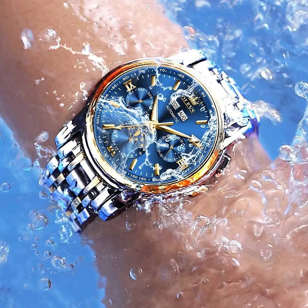 OLEVS Automatic Men Watch Self Winding Mechanical Luxury Dress Moon Phase Stainless Steel Waterproof Luminous Calendar Wrist Watch