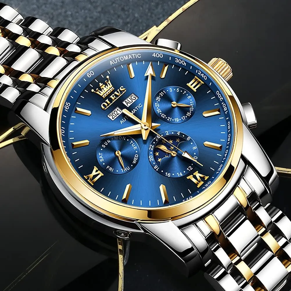 OLEVS Automatic Men Watch Self Winding Mechanical Luxury Dress Moon Phase Stainless Steel Waterproof Luminous Calendar Wrist Watch