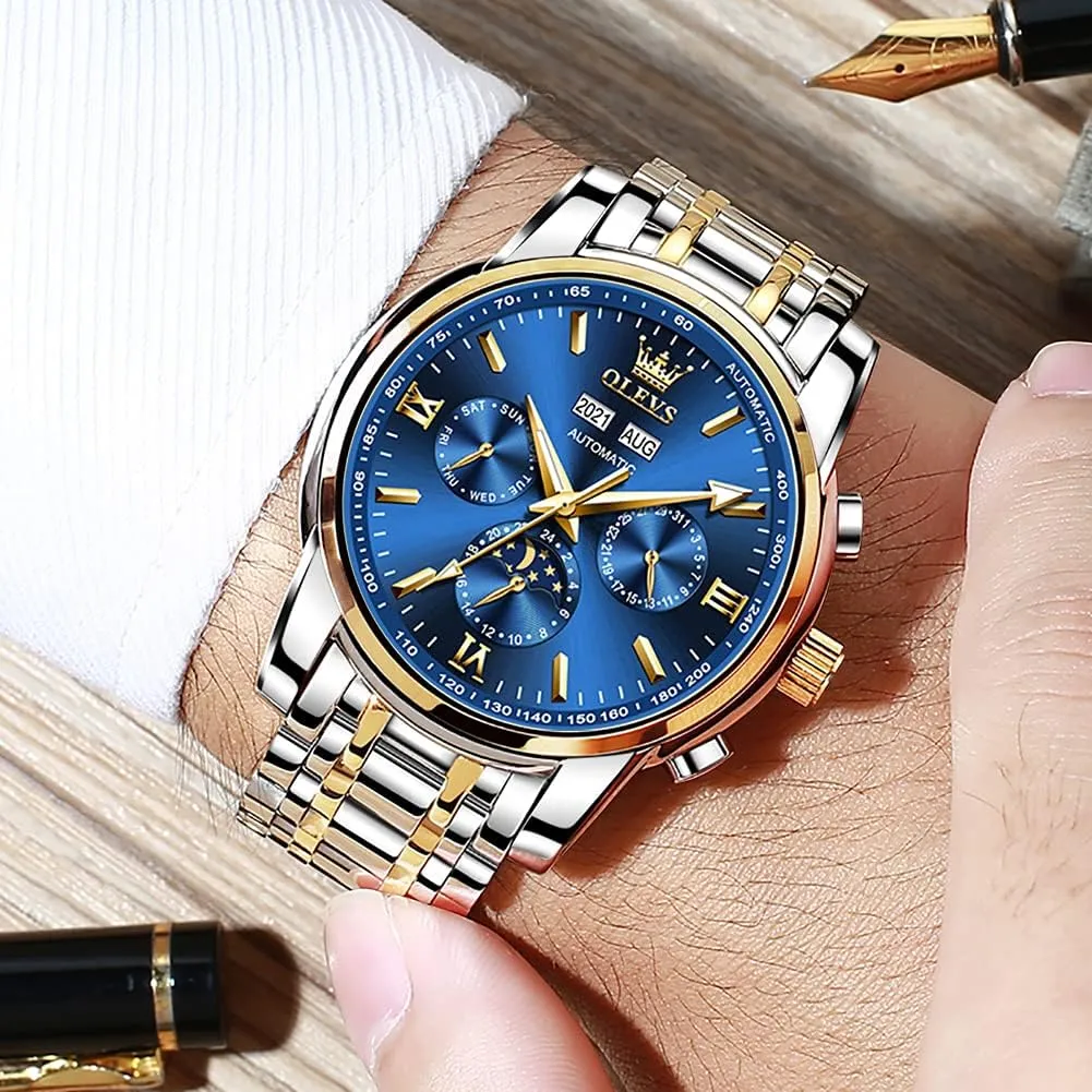 OLEVS Automatic Men Watch Self Winding Mechanical Luxury Dress Moon Phase Stainless Steel Waterproof Luminous Calendar Wrist Watch