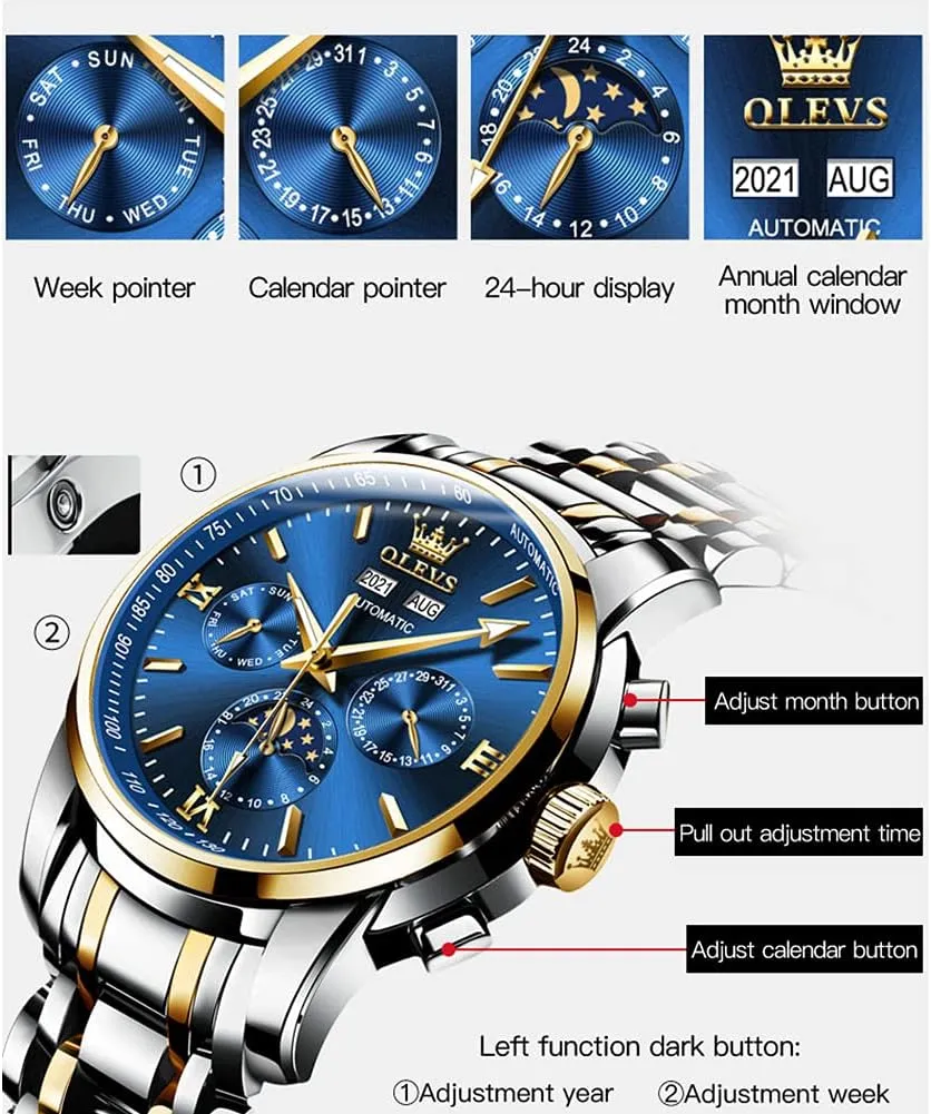 OLEVS Automatic Men Watch Self Winding Mechanical Luxury Dress Moon Phase Stainless Steel Waterproof Luminous Calendar Wrist Watch