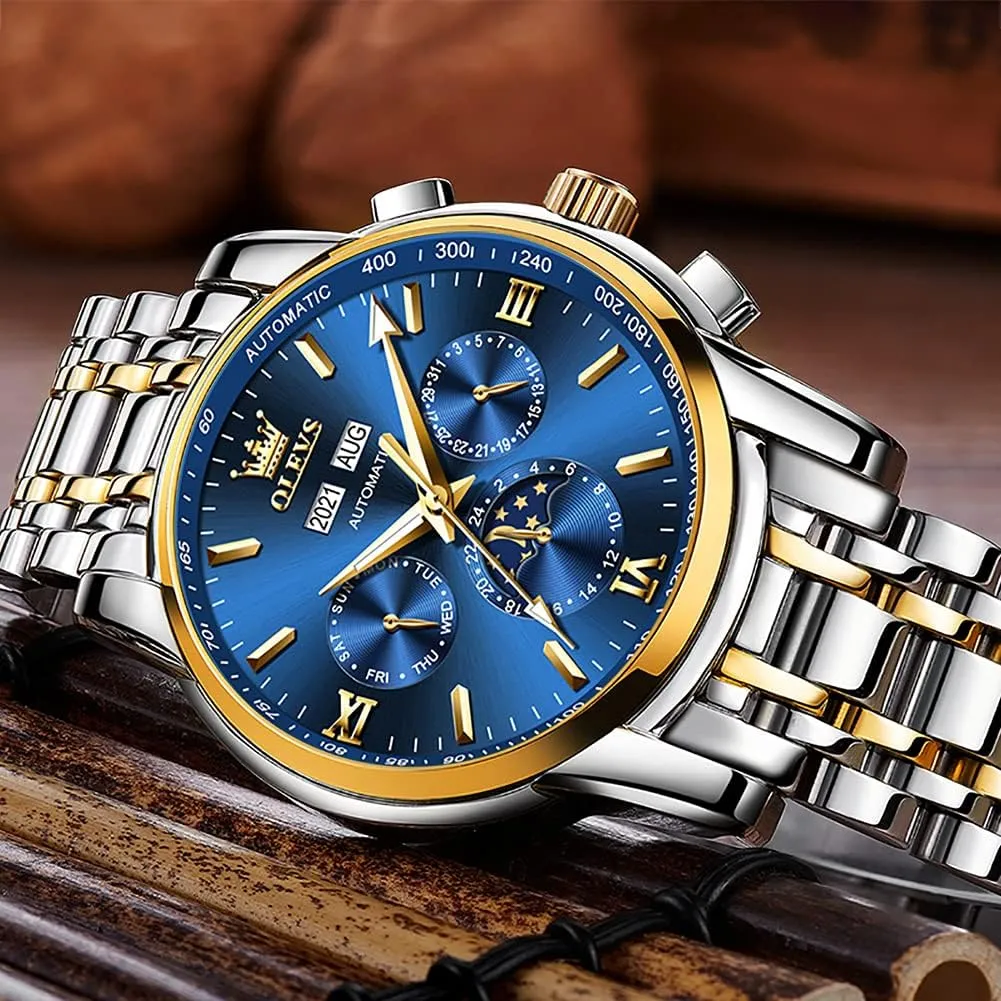 OLEVS Automatic Men Watch Self Winding Mechanical Luxury Dress Moon Phase Stainless Steel Waterproof Luminous Calendar Wrist Watch