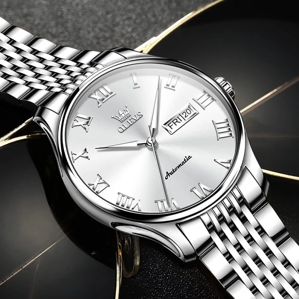 OLEVS Automatic Mens Watches Self Winding Mechanical Business Luxury Dress Wrist Watch Stainless Steel Waterproof Luminous Day Date