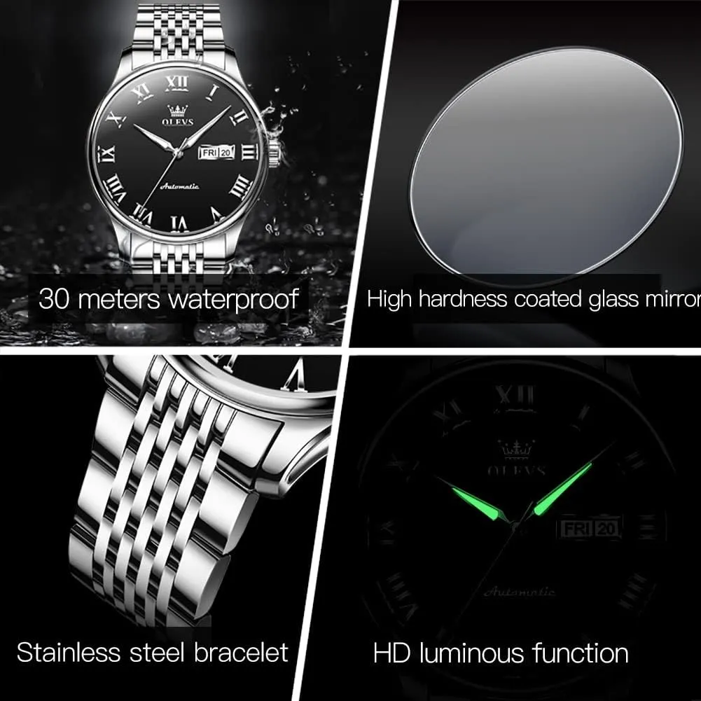 OLEVS Automatic Mens Watches Self Winding Mechanical Business Luxury Dress Wrist Watch Stainless Steel Waterproof Luminous Day Date