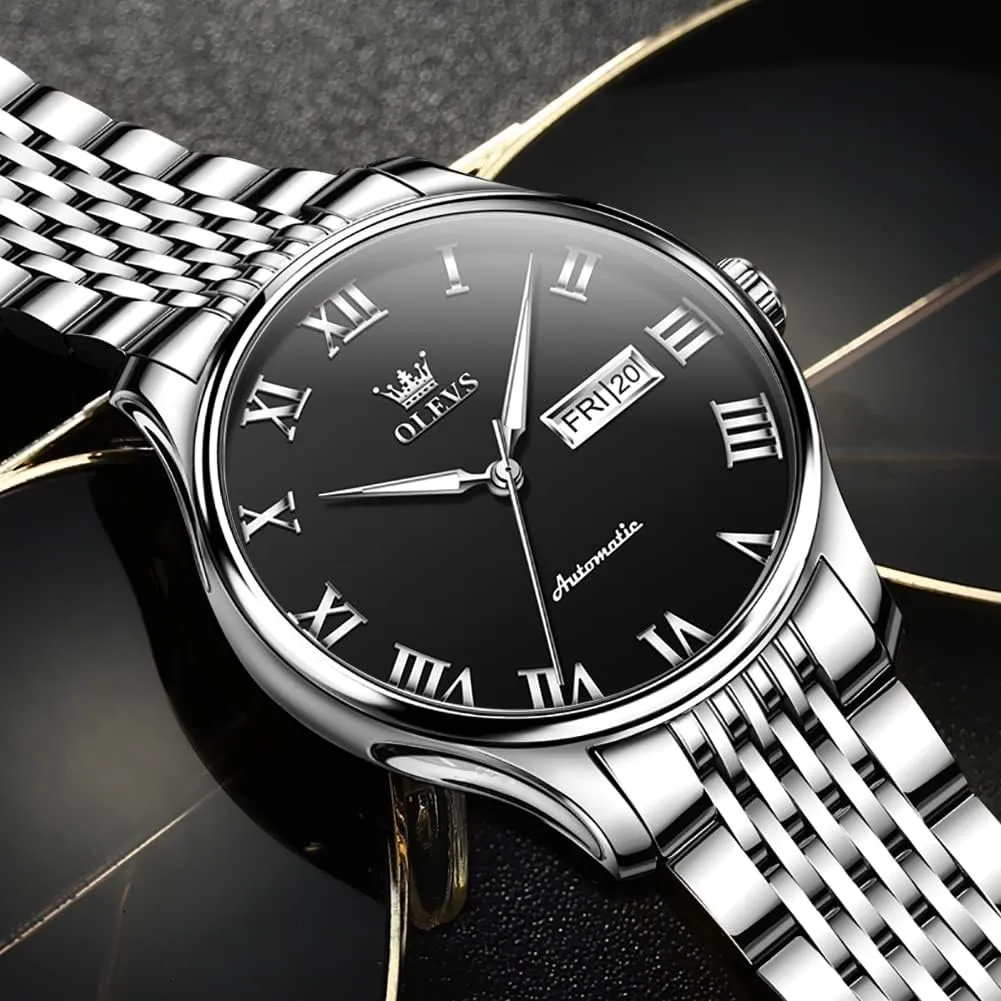 OLEVS Automatic Mens Watches Self Winding Mechanical Business Luxury Dress Wrist Watch Stainless Steel Waterproof Luminous Day Date
