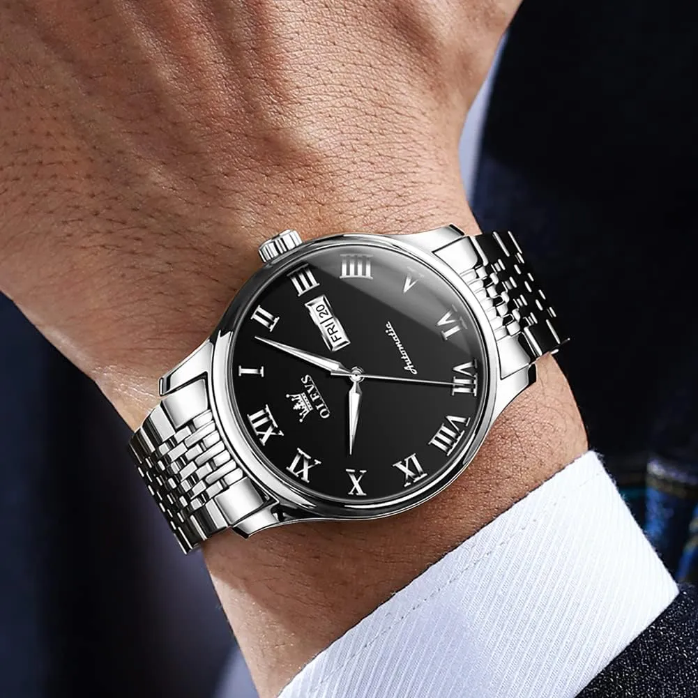 OLEVS Automatic Mens Watches Self Winding Mechanical Business Luxury Dress Wrist Watch Stainless Steel Waterproof Luminous Day Date