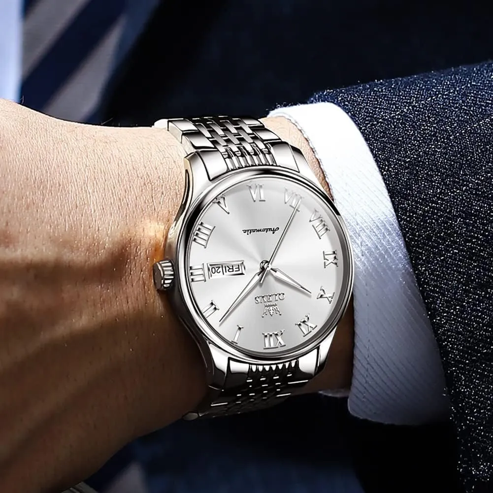 OLEVS Automatic Mens Watches Self Winding Mechanical Business Luxury Dress Wrist Watch Stainless Steel Waterproof Luminous Day Date