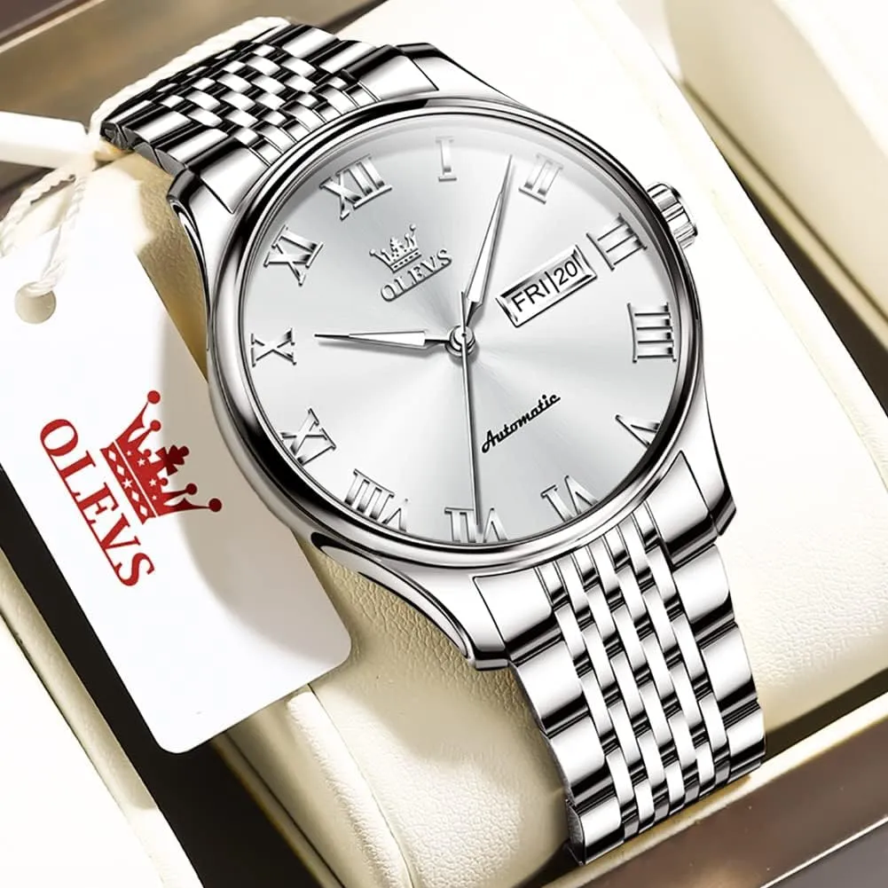OLEVS Automatic Mens Watches Self Winding Mechanical Business Luxury Dress Wrist Watch Stainless Steel Waterproof Luminous Day Date