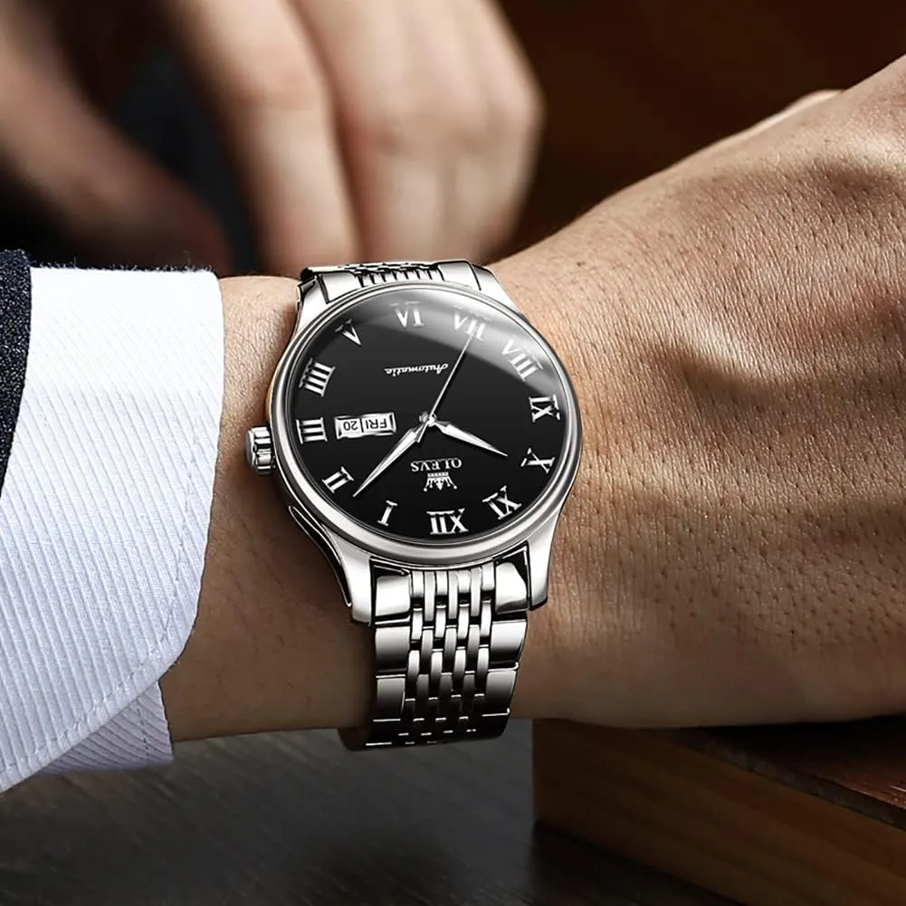 OLEVS Automatic Mens Watches Self Winding Mechanical Business Luxury Dress Wrist Watch Stainless Steel Waterproof Luminous Day Date