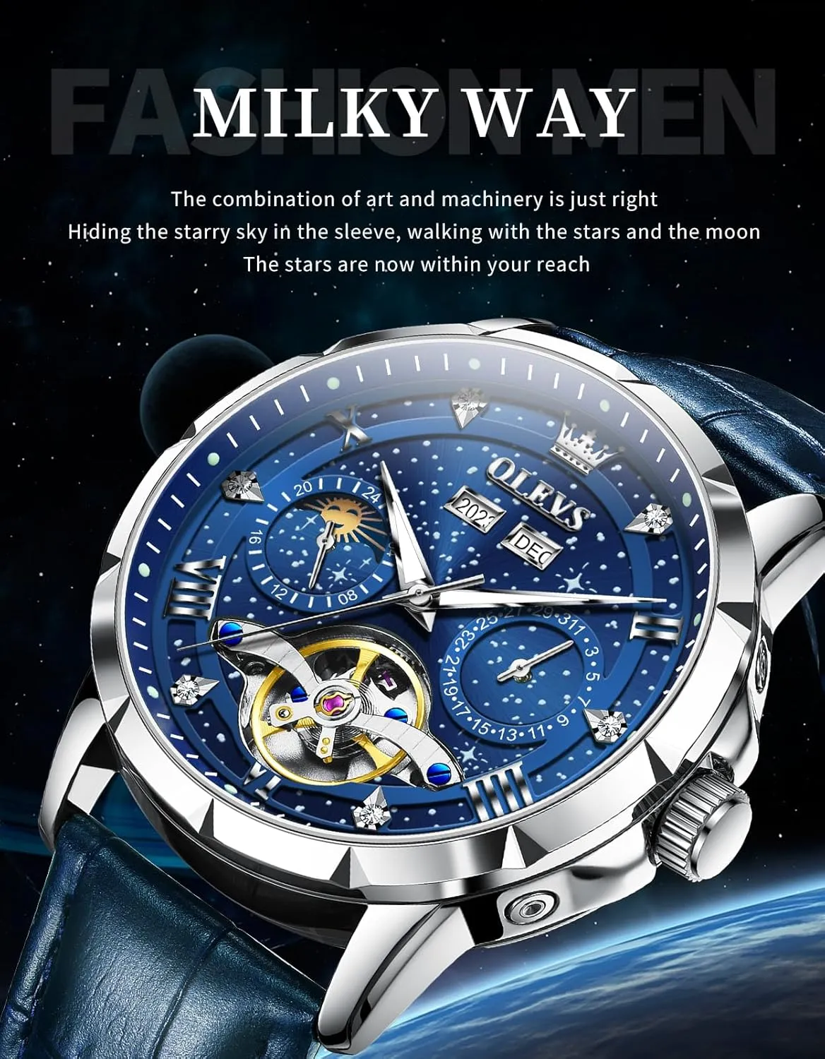 OLEVS Mens Automatic Watches Self-Winding Starry Sky Diamond Skeleton Luxury Wrist Watch Waterproof Luminous