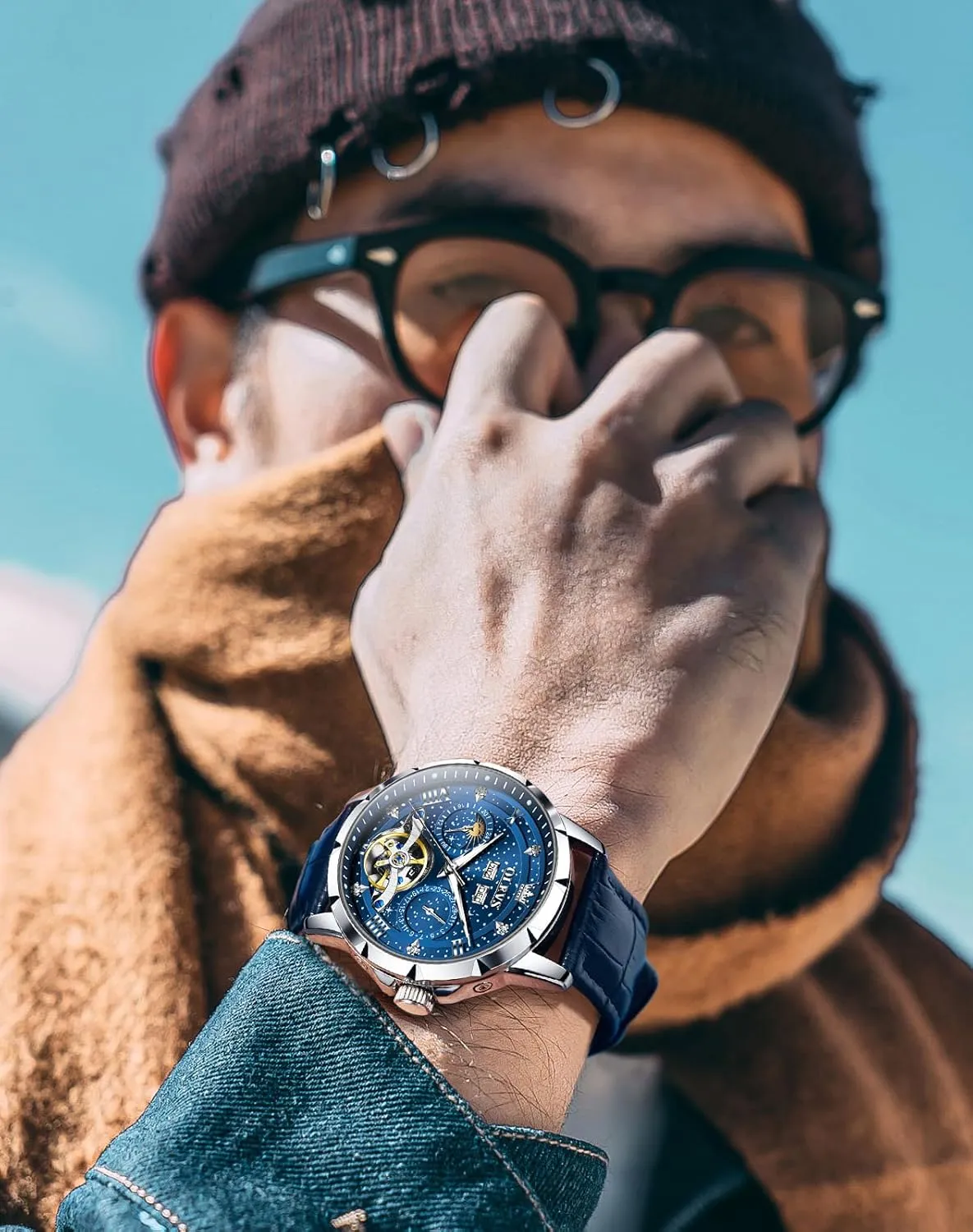 OLEVS Mens Automatic Watches Self-Winding Starry Sky Diamond Skeleton Luxury Wrist Watch Waterproof Luminous