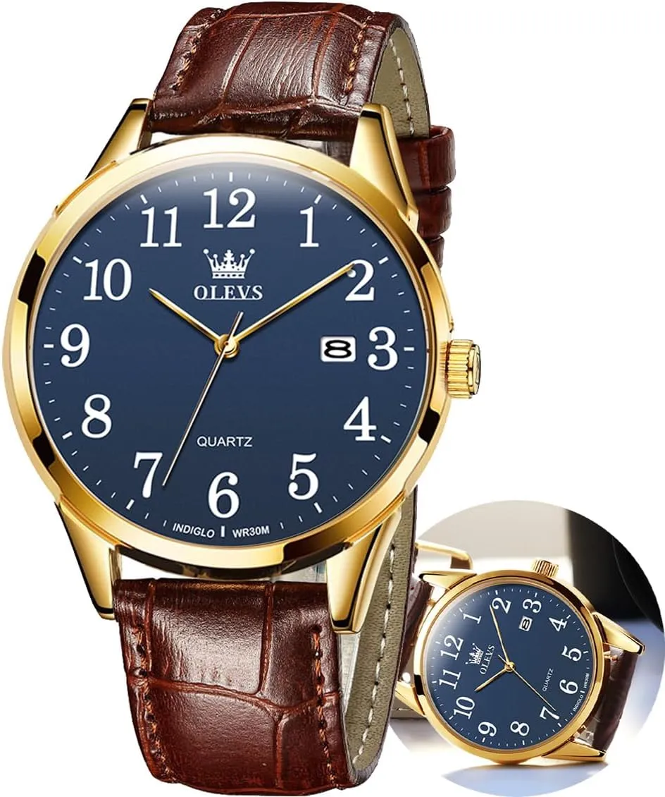 OLEVS Men's Brown Leather Watch - Classic Easy Read Analog Quartz With Arabic Numerals, Waterproof (White/Black/Blue Dial)