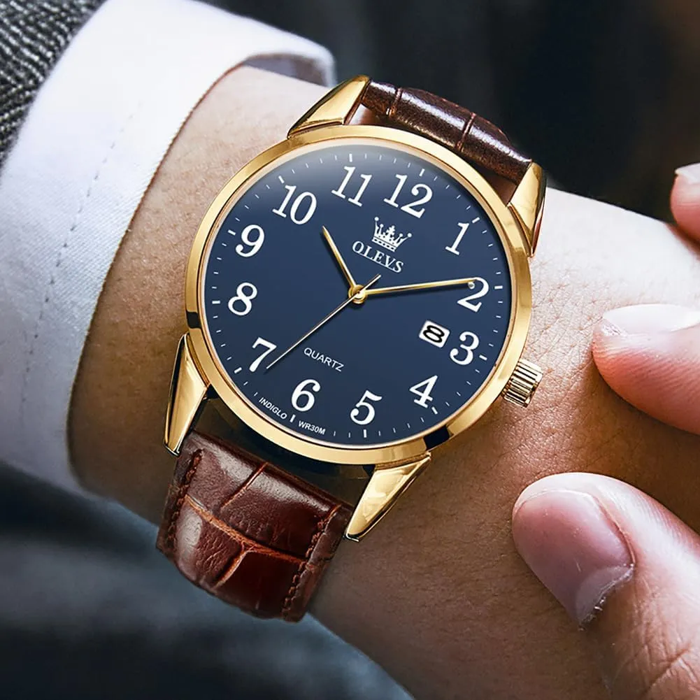 OLEVS Men's Brown Leather Watch - Classic Easy Read Analog Quartz With Arabic Numerals, Waterproof (White/Black/Blue Dial)