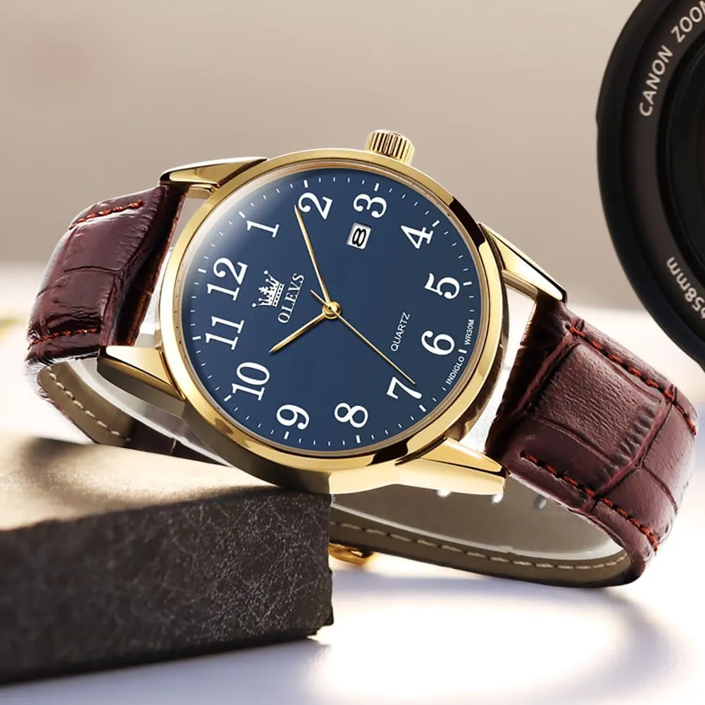 OLEVS Men's Brown Leather Watch - Classic Easy Read Analog Quartz With Arabic Numerals, Waterproof (White/Black/Blue Dial)
