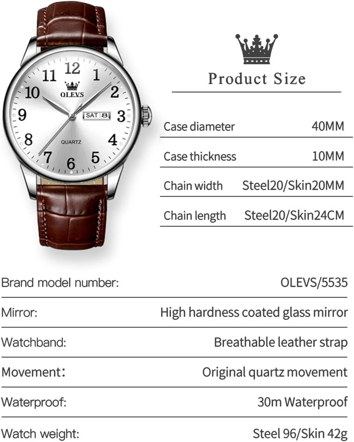 OLEVS Mens Watches with Leather Band Dress Vintage Classic Easy Reader Arabic Numerals Analog Quartz Waterproof Date and Day Blue/Black/White Large Face Men's Wrist Watches