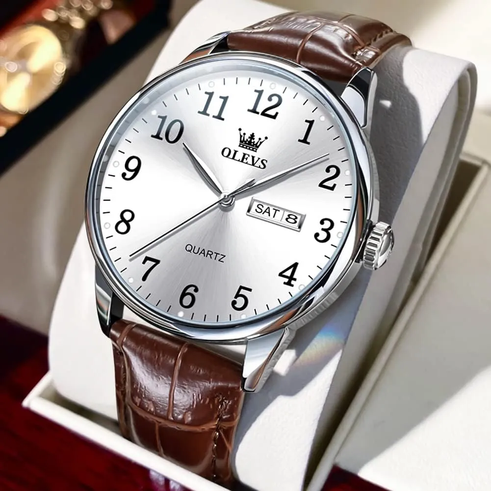 OLEVS Mens Watches with Leather Band Dress Vintage Classic Easy Reader Arabic Numerals Analog Quartz Waterproof Date and Day Blue/Black/White Large Face Men's Wrist Watches