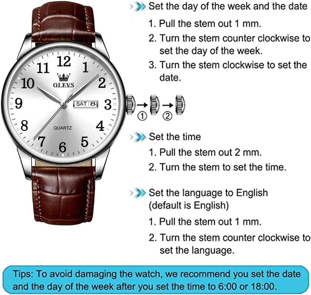 OLEVS Mens Watches with Leather Band Dress Vintage Classic Easy Reader Arabic Numerals Analog Quartz Waterproof Date and Day Blue/Black/White Large Face Men's Wrist Watches