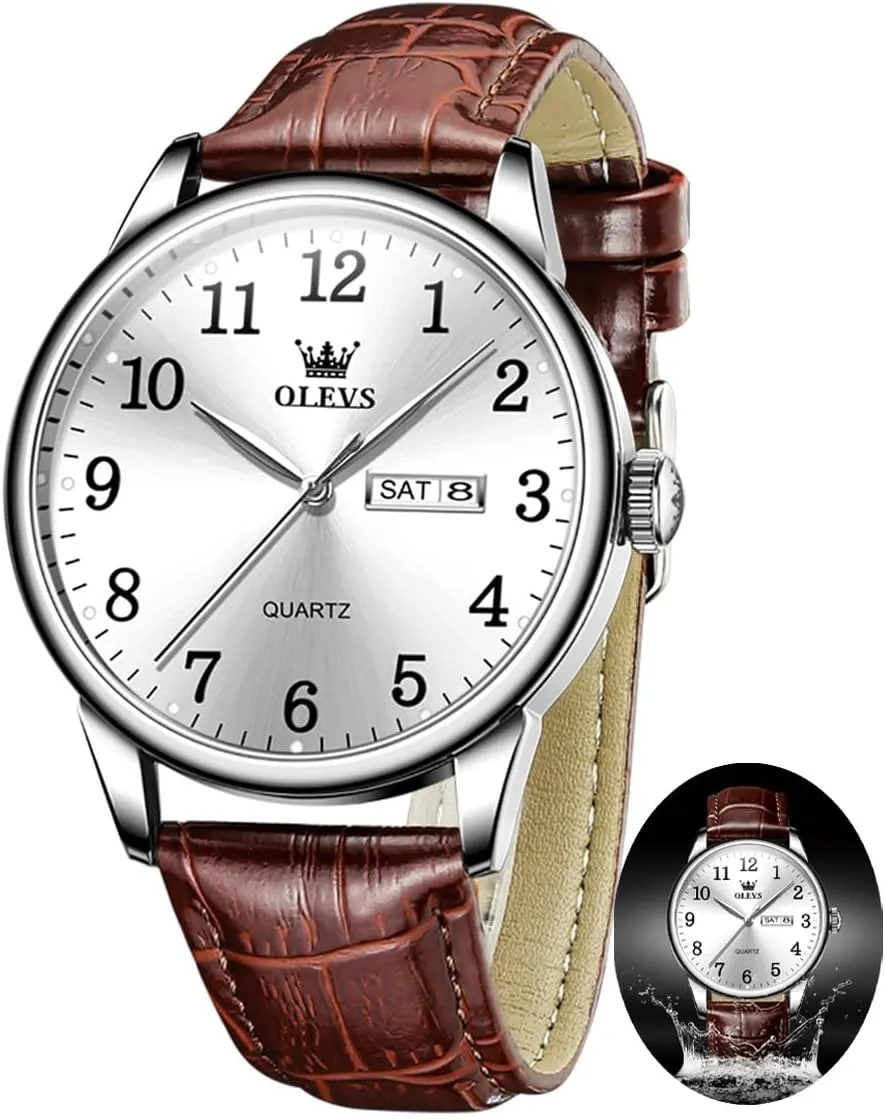 OLEVS Mens Watches with Leather Band Dress Vintage Classic Easy Reader Arabic Numerals Analog Quartz Waterproof Date and Day Blue/Black/White Large Face Men's Wrist Watches