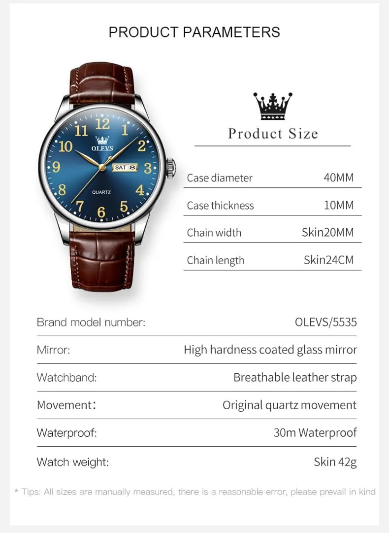 OLEVS Mens Watches with Leather Band Dress Vintage Classic Easy Reader Arabic Numerals Analog Quartz Waterproof Date and Day Blue/Black/White Large Face Men's Wrist Watches