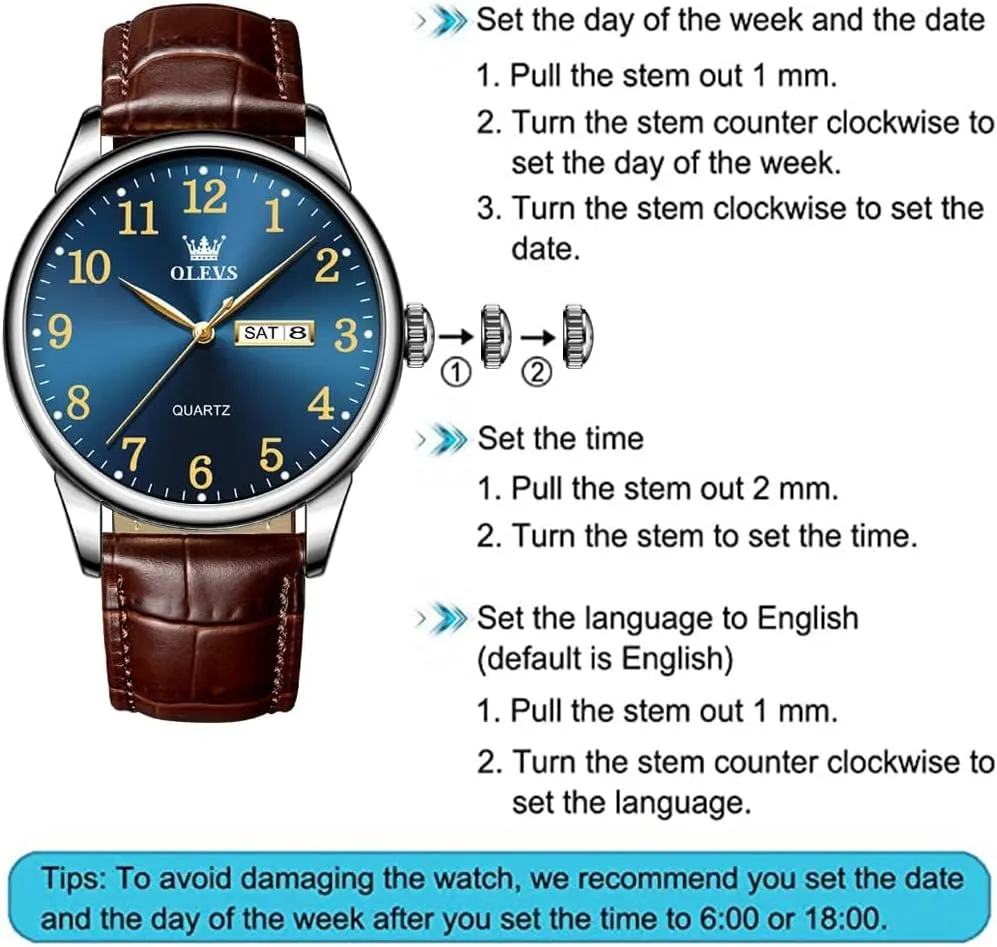 OLEVS Mens Watches with Leather Band Dress Vintage Classic Easy Reader Arabic Numerals Analog Quartz Waterproof Date and Day Blue/Black/White Large Face Men's Wrist Watches