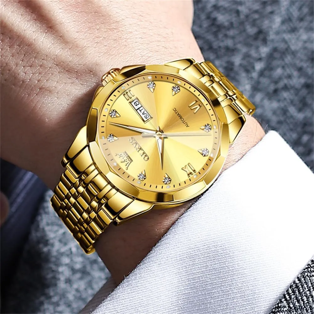 OLEVS Watch for Men Automatic Classic Mechanical Watch Diamond Mirror Stainless Steel Dress Casual Waterproof Day/Date Calendar