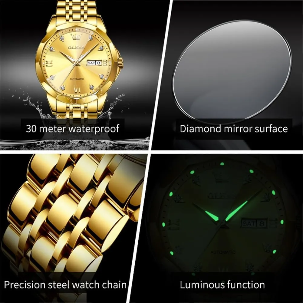 OLEVS Watch for Men Automatic Classic Mechanical Watch Diamond Mirror Stainless Steel Dress Casual Waterproof Day/Date Calendar