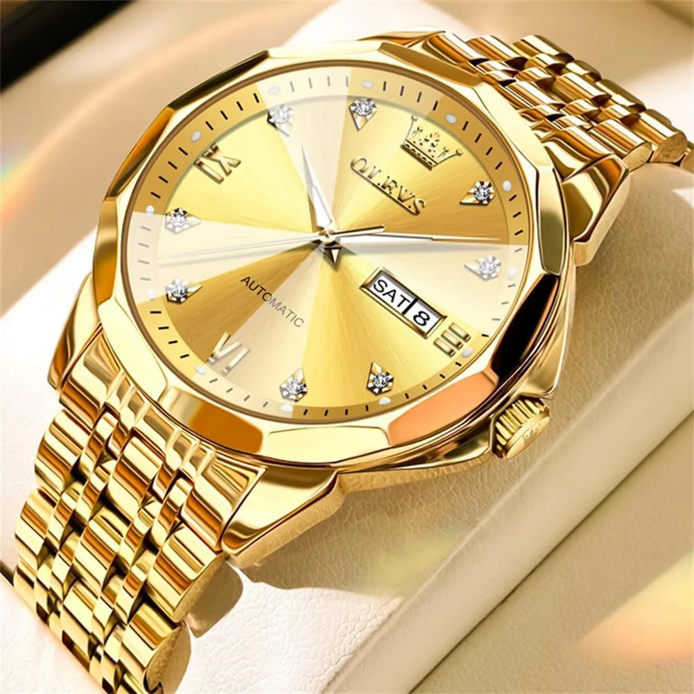 OLEVS Watch for Men Automatic Classic Mechanical Watch Diamond Mirror Stainless Steel Dress Casual Waterproof Day/Date Calendar