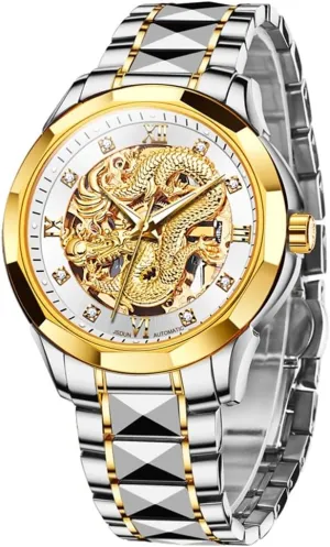OLEVS Watches for Men Gold Automatic Watches Mens Dragon Skeleton Mechanical Luxury Watch Business Dress with Tungsten Steel Luminous 160FT Waterproof Diamond Fashion Wrist Watch Gold