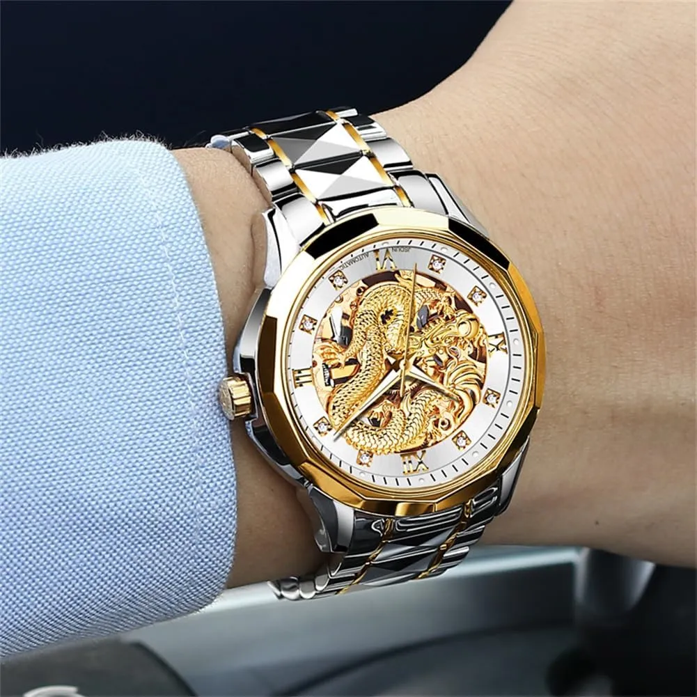 OLEVS Watches for Men Gold Automatic Watches Mens Dragon Skeleton Mechanical Luxury Watch Business Dress with Tungsten Steel Luminous 160FT Waterproof Diamond Fashion Wrist Watch Gold