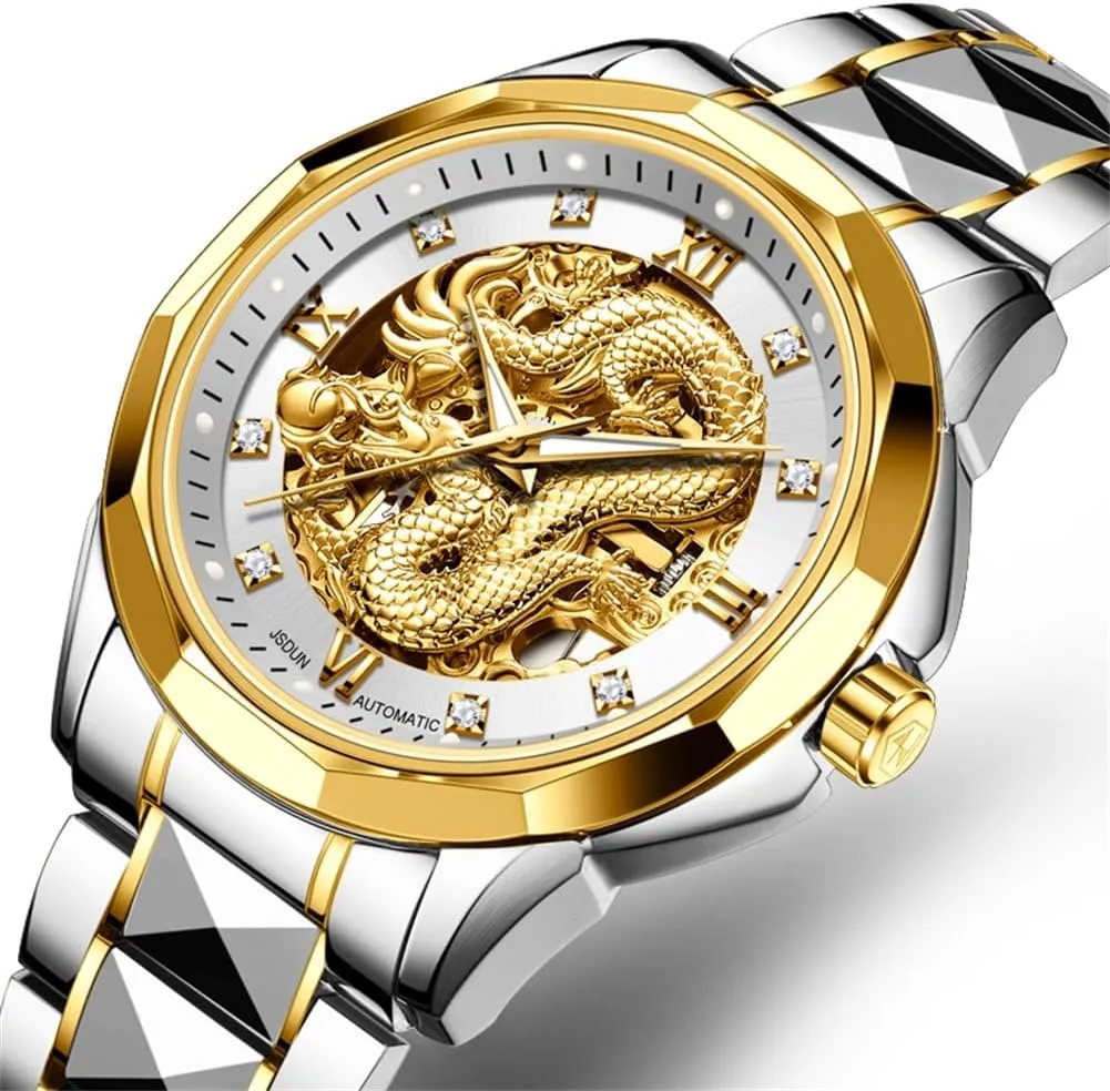 OLEVS Watches for Men Gold Automatic Watches Mens Dragon Skeleton Mechanical Luxury Watch Business Dress with Tungsten Steel Luminous 160FT Waterproof Diamond Fashion Wrist Watch Gold