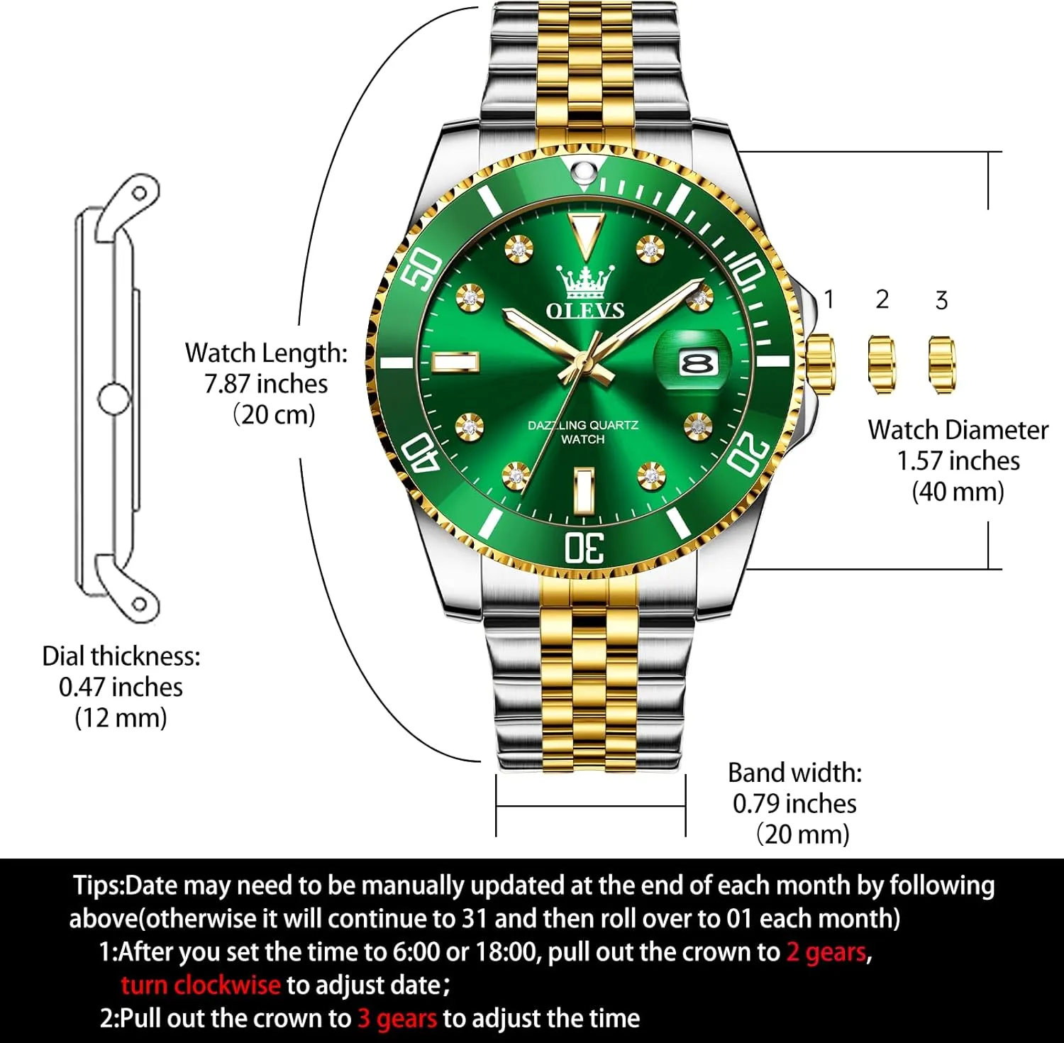 OLEVS Watches for Mens Stainless Steel Dress Mens Watches with Date Luxury Diamond Big Face Waterproof Blue/Black/Green/Gold/Red Dial Relojes para Hombres