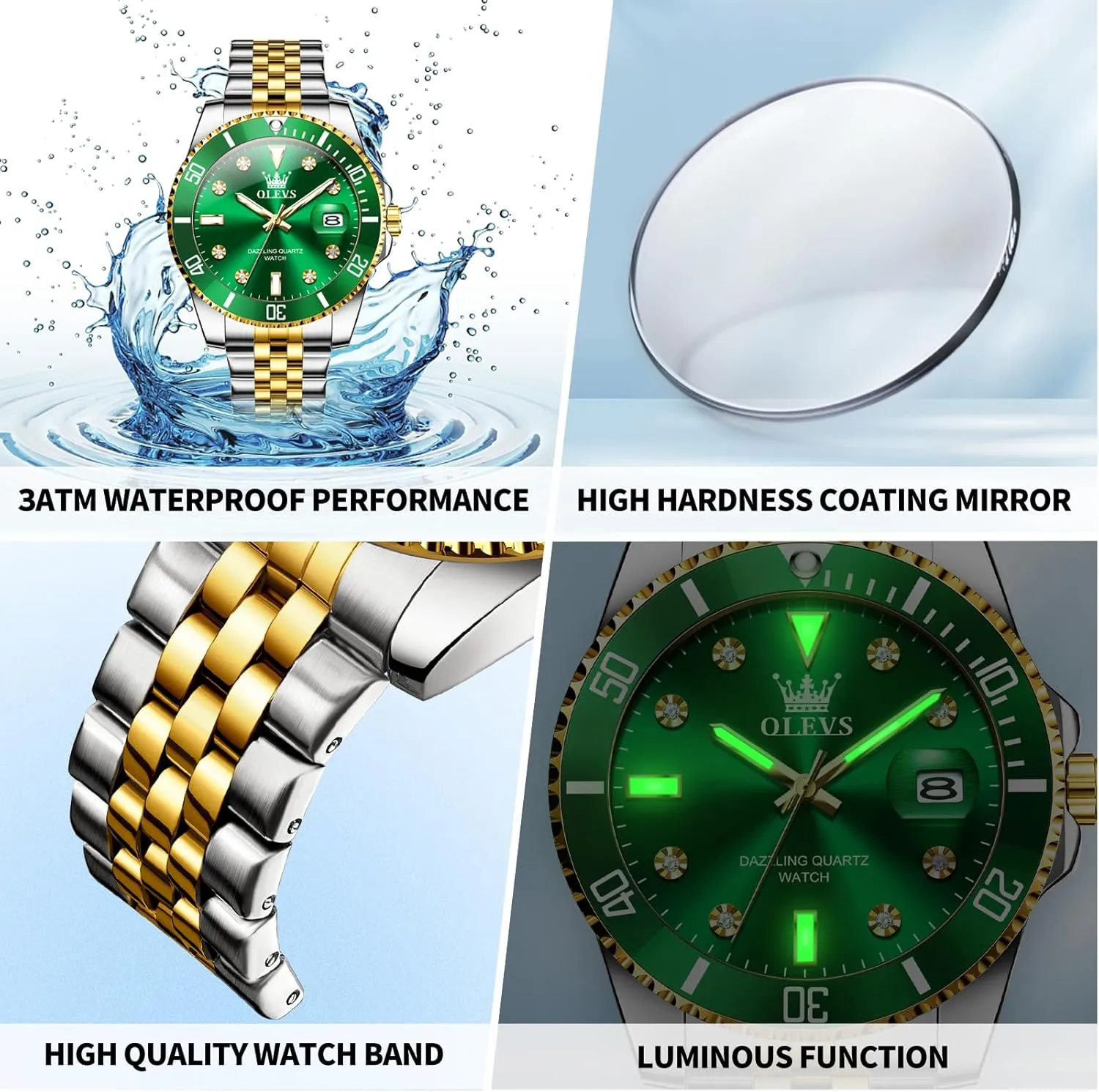 OLEVS Watches for Mens Stainless Steel Dress Mens Watches with Date Luxury Diamond Big Face Waterproof Blue/Black/Green/Gold/Red Dial Relojes para Hombres