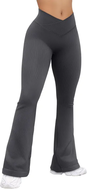 OQQ Women's Flared Pants Ribbed Cross Over High Waist Bell Bottoms Lounge Travel Pants