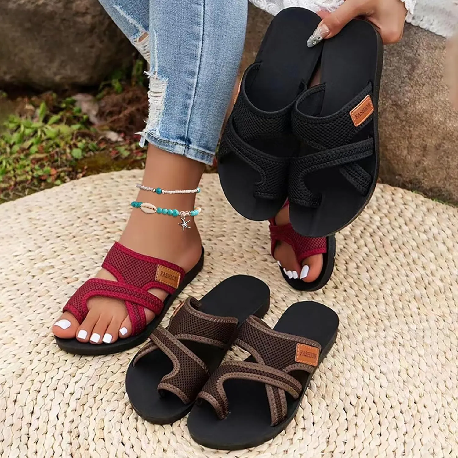 Orthopedic Sandals for Women Comfortable Beach Sandals Breathable Arch Support Sandal Hollow Mesh Walking Flip Flops