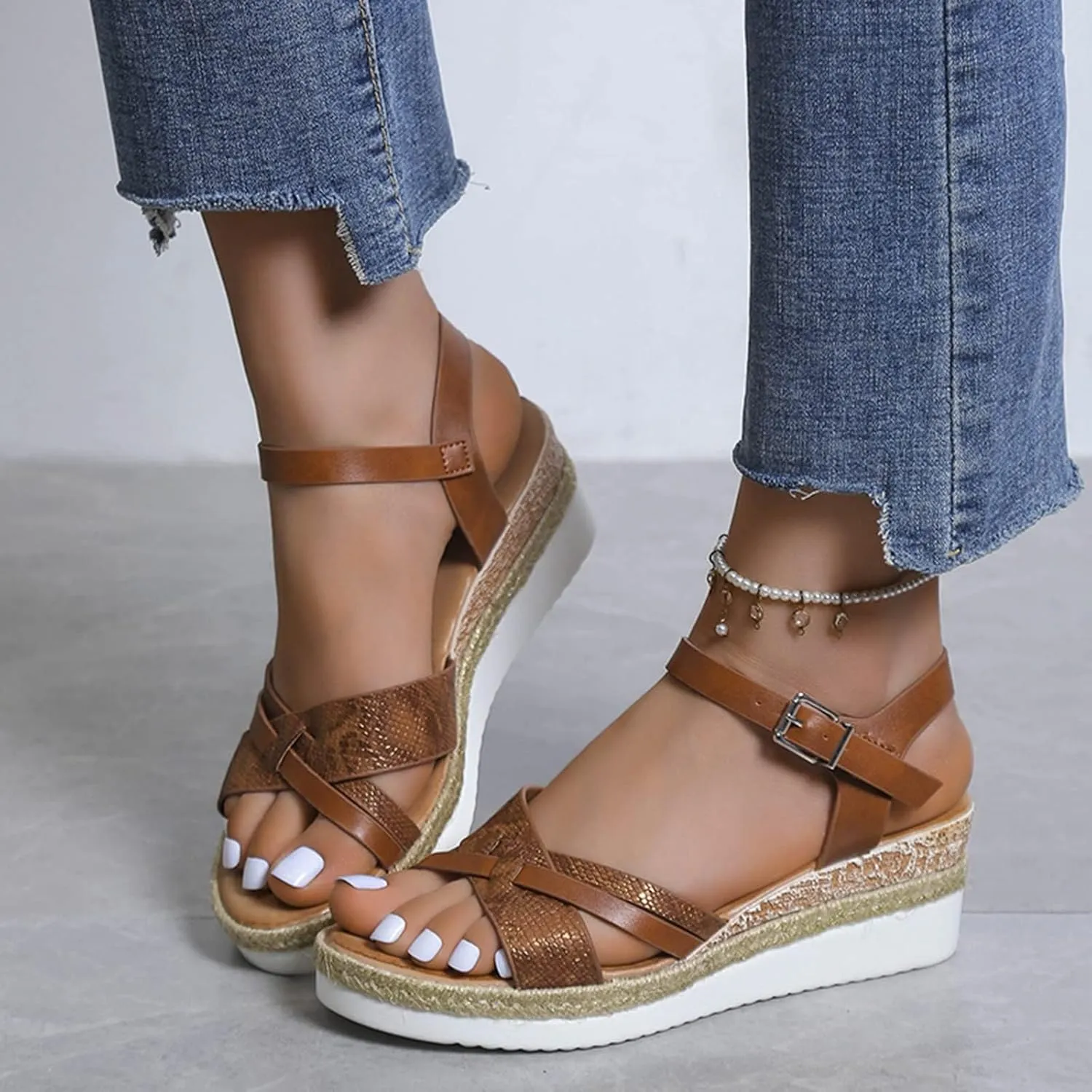 Orthopedic Sandals for Women,Summer Dressy Open Toe Ankle Strap Platform Beach Casual Slip on Dress Sandal Buckle Studded Wedge Summer Arch Support Sandals Bohemian Shoes Comfortable Wedges