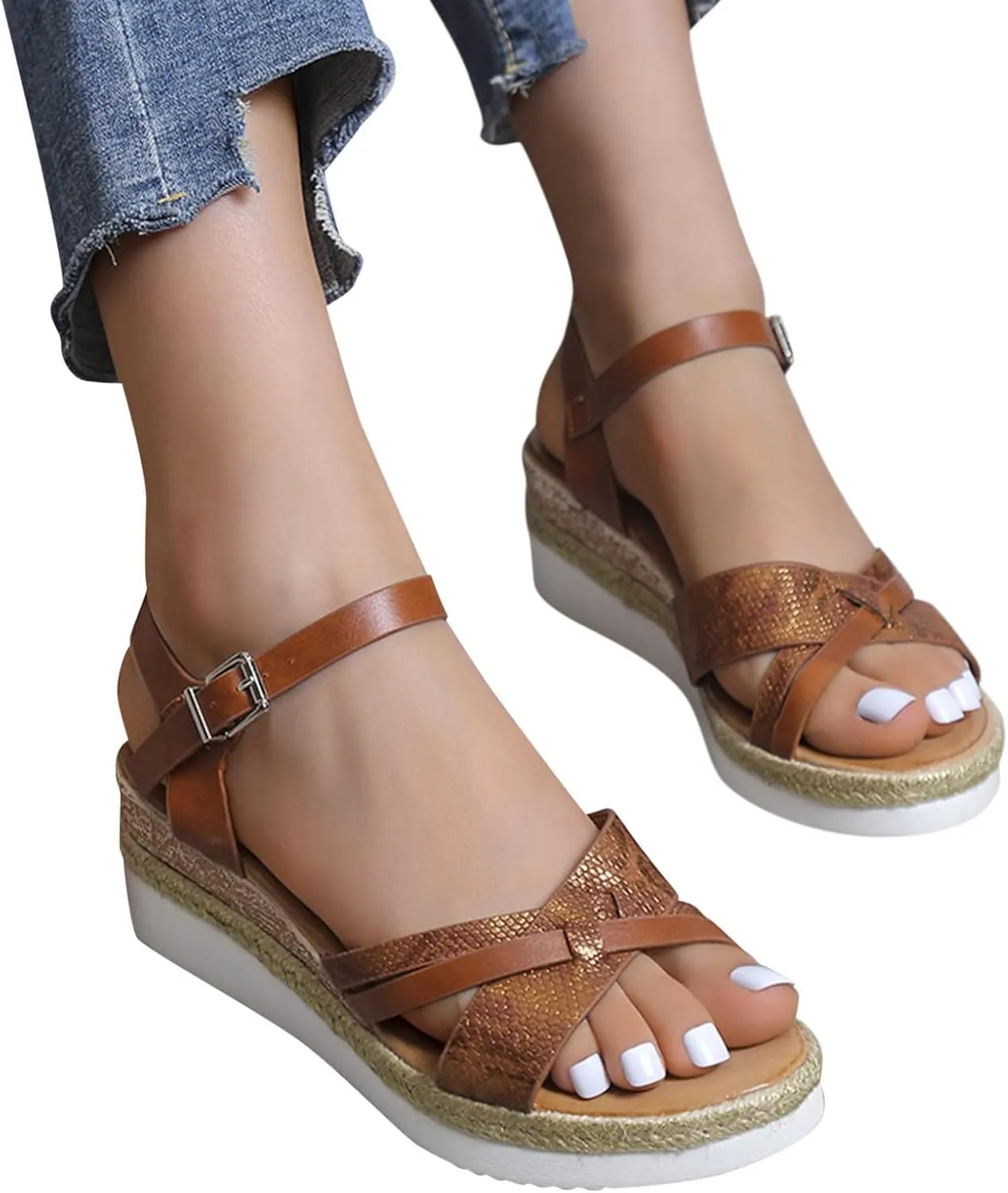 Orthopedic Sandals for Women,Summer Dressy Open Toe Ankle Strap Platform Beach Casual Slip on Dress Sandal Buckle Studded Wedge Summer Arch Support Sandals Bohemian Shoes Comfortable Wedges