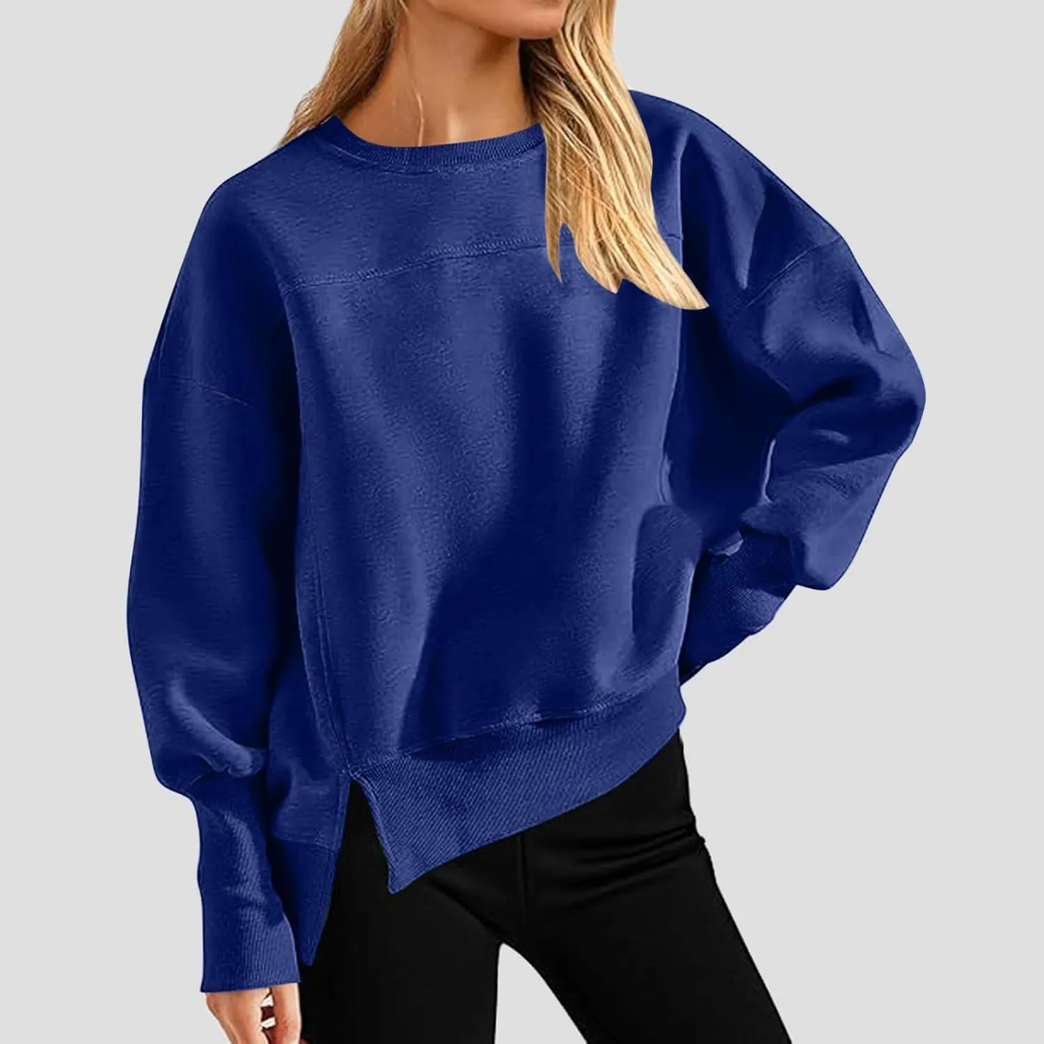 Oversized Crewneck Sweatshirt Women High Low Fleece Pullover Side Slit Drop Shoulder Soft Fall Sweatshirts No Hood