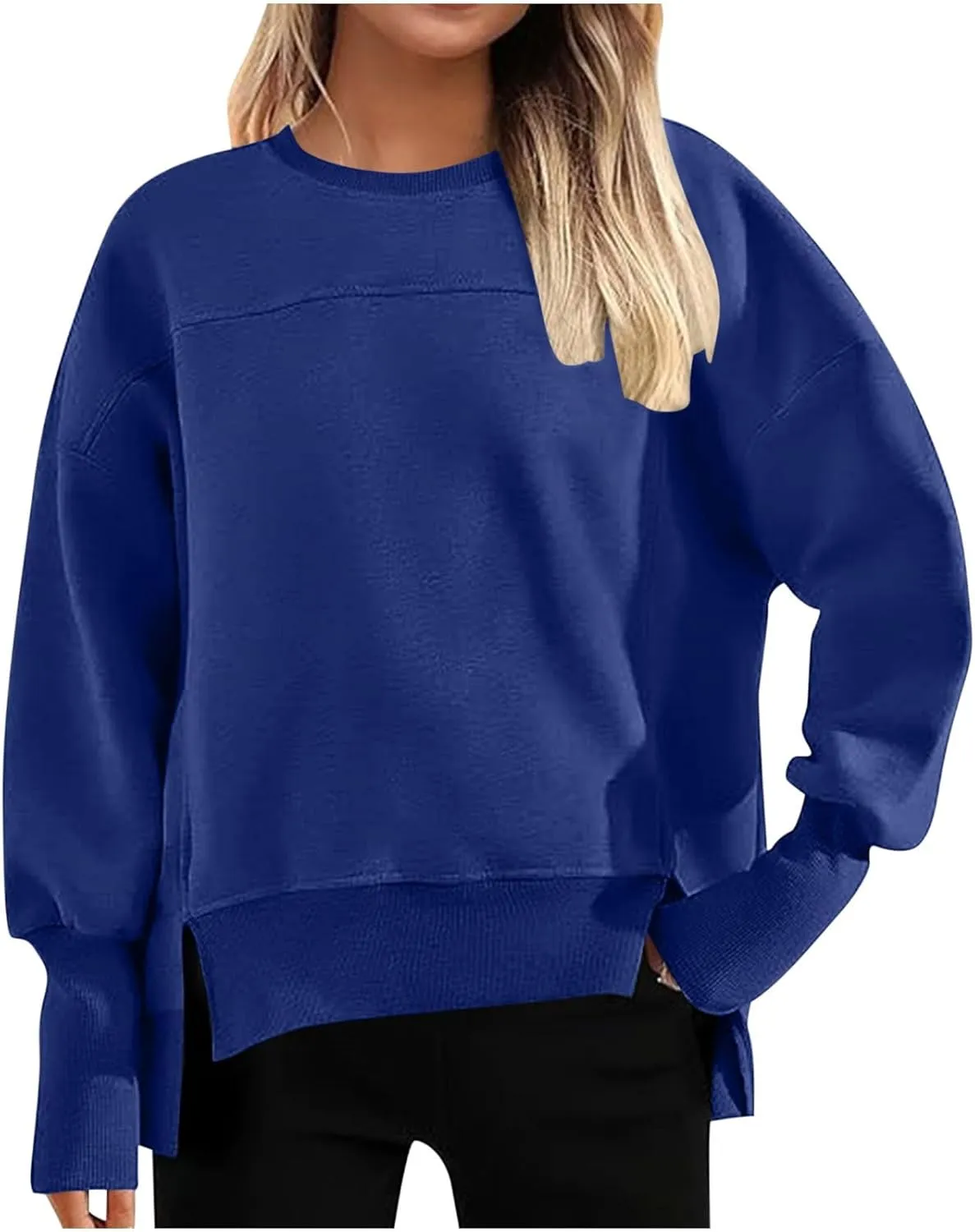 Oversized Crewneck Sweatshirt Women High Low Fleece Pullover Side Slit Drop Shoulder Soft Fall Sweatshirts No Hood