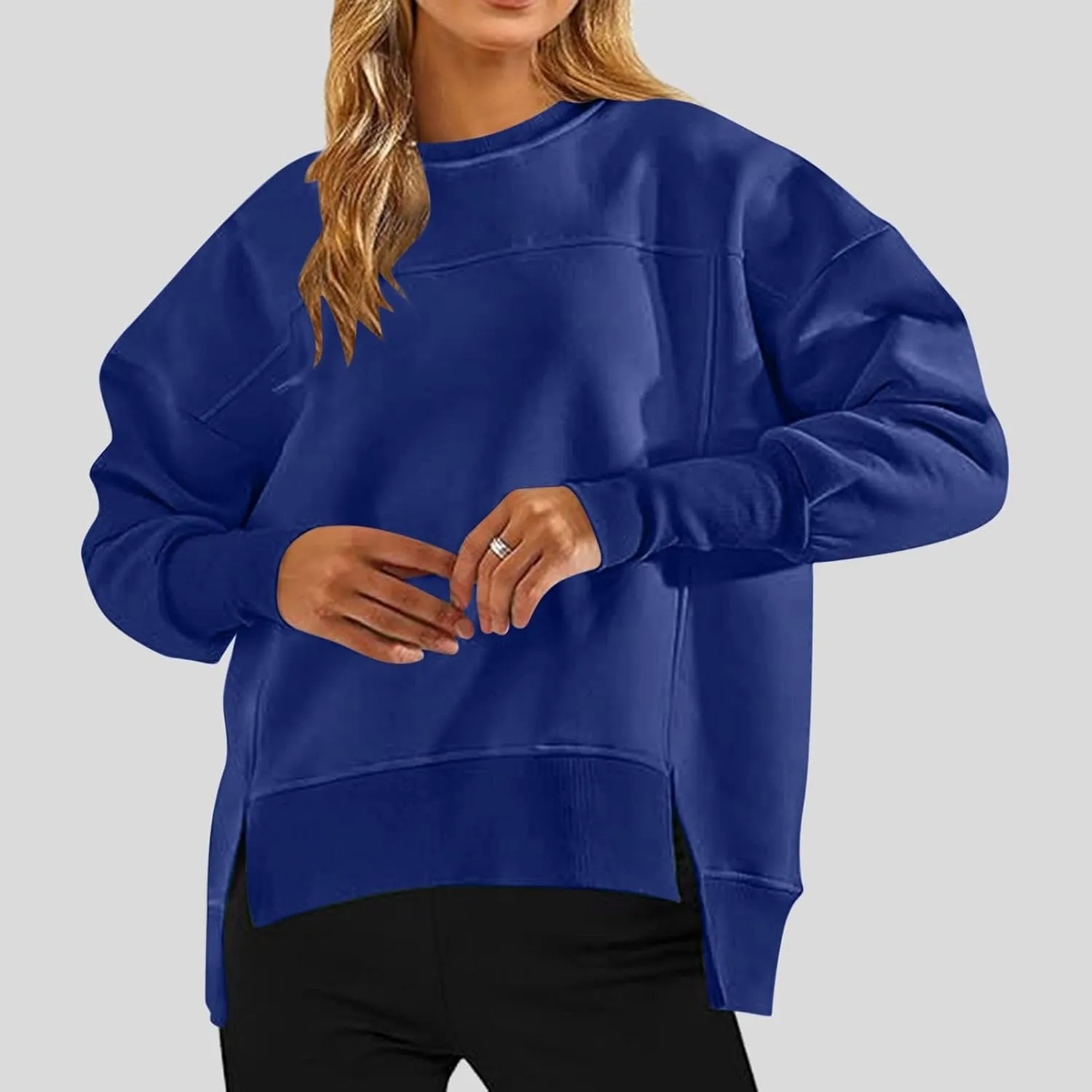 Oversized Crewneck Sweatshirt Women High Low Fleece Pullover Side Slit Drop Shoulder Soft Fall Sweatshirts No Hood