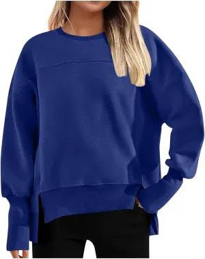 Oversized Crewneck Sweatshirt Women High Low Fleece Pullover Side Slit Drop Shoulder Soft Fall Sweatshirts No Hood