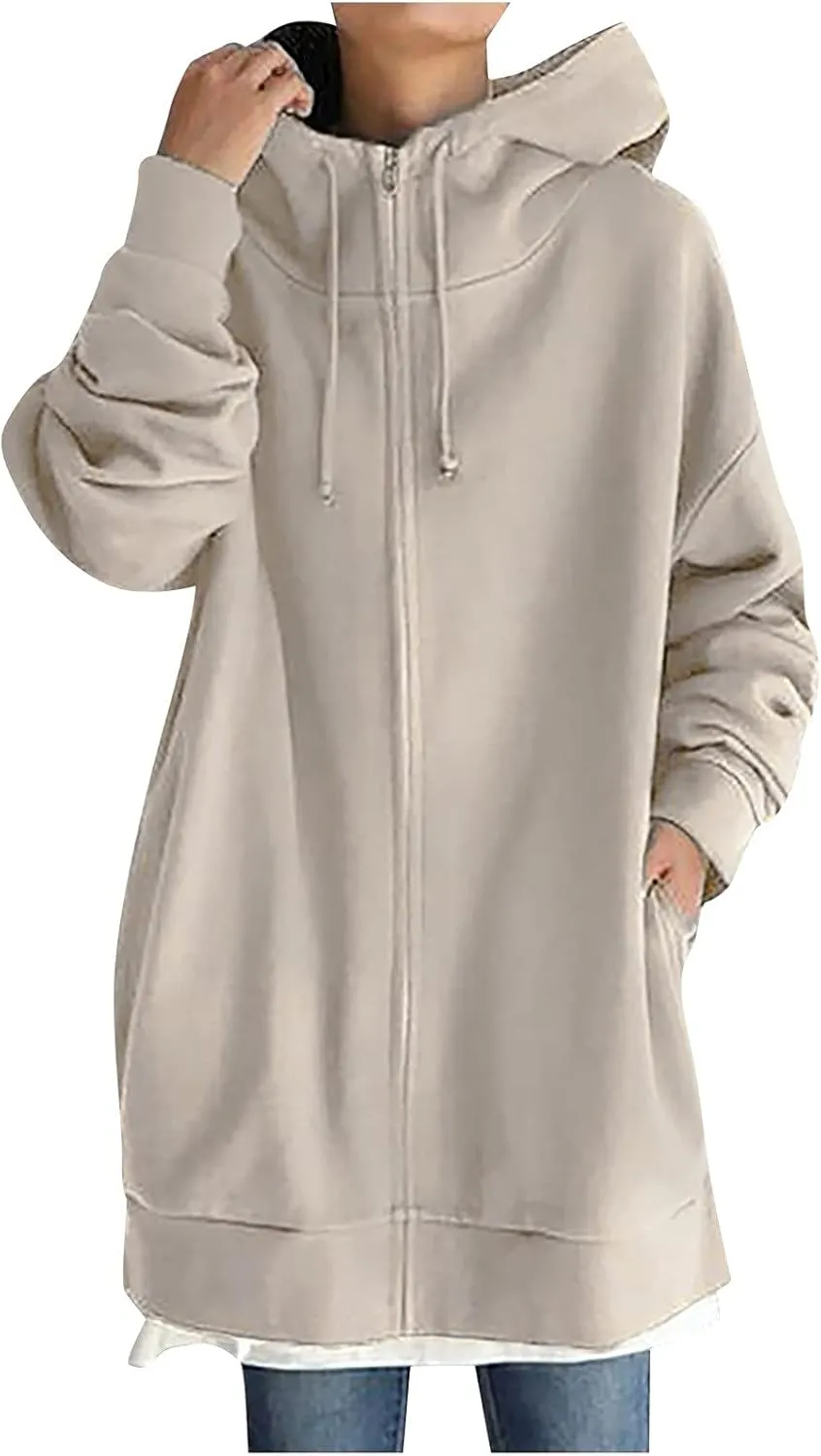 Oversized Hoodie for Women Plus Size Solid Color Hoodies Casual Full Zip Long Hooded Sweatshirt Pullover Jacket with Pockets