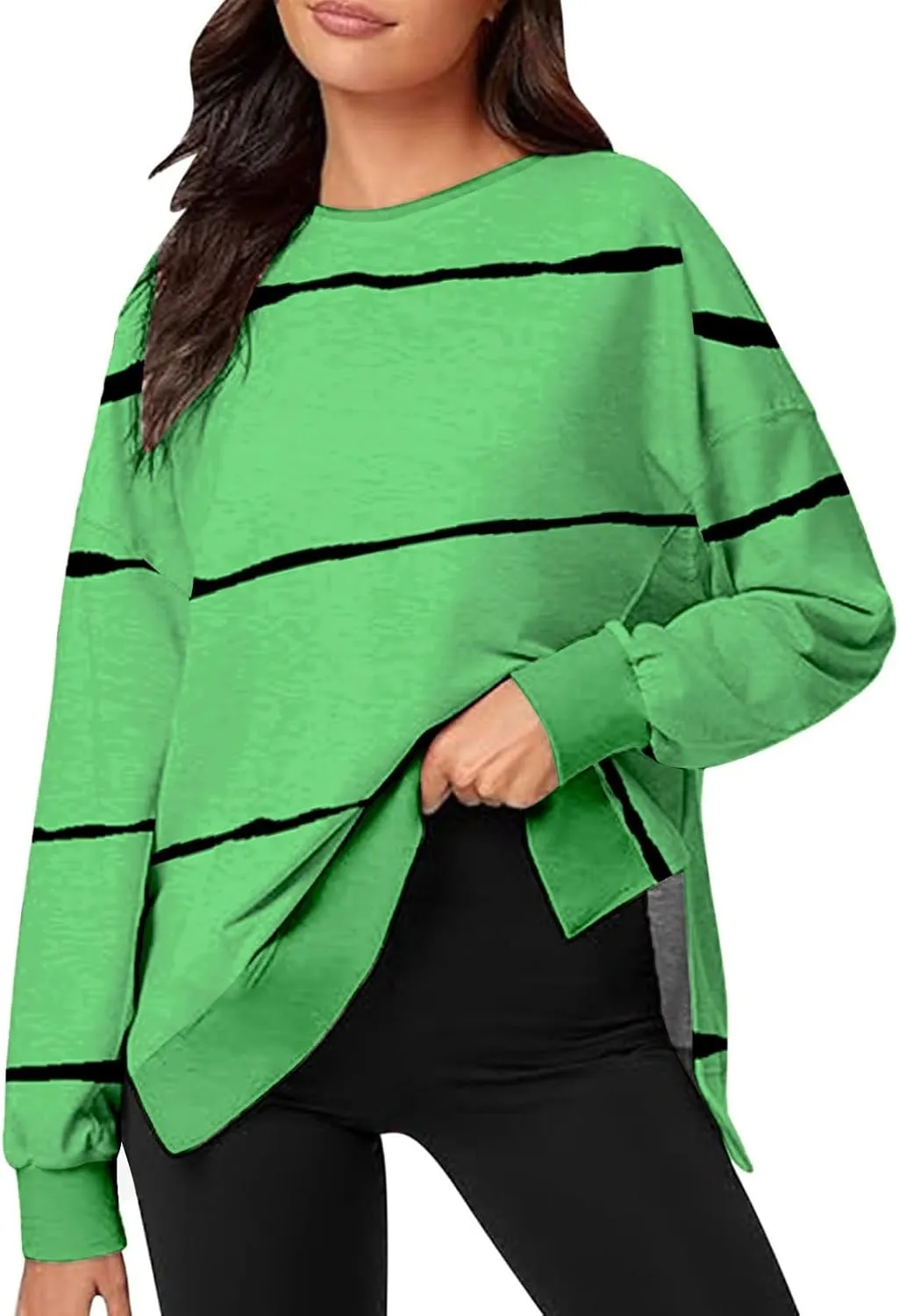 Oversized Striped Sweatshirts for Women Loose Side Slit High Low Hem Pullover Sweatshirts Autumn Casual Sports Hoodie