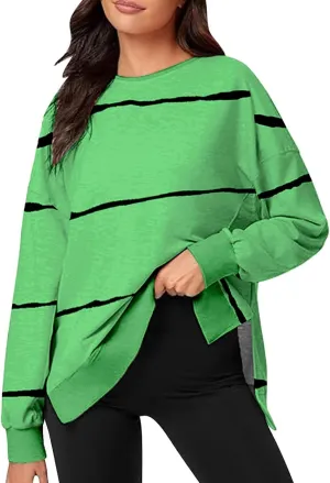 Oversized Striped Sweatshirts for Women Loose Side Slit High Low Hem Pullover Sweatshirts Autumn Casual Sports Hoodie