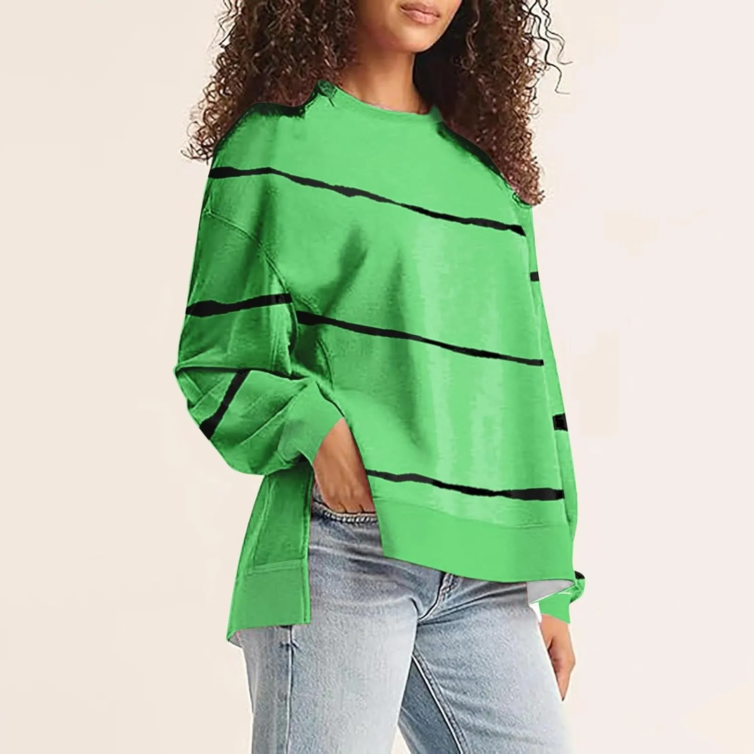 Oversized Striped Sweatshirts for Women Loose Side Slit High Low Hem Pullover Sweatshirts Autumn Casual Sports Hoodie