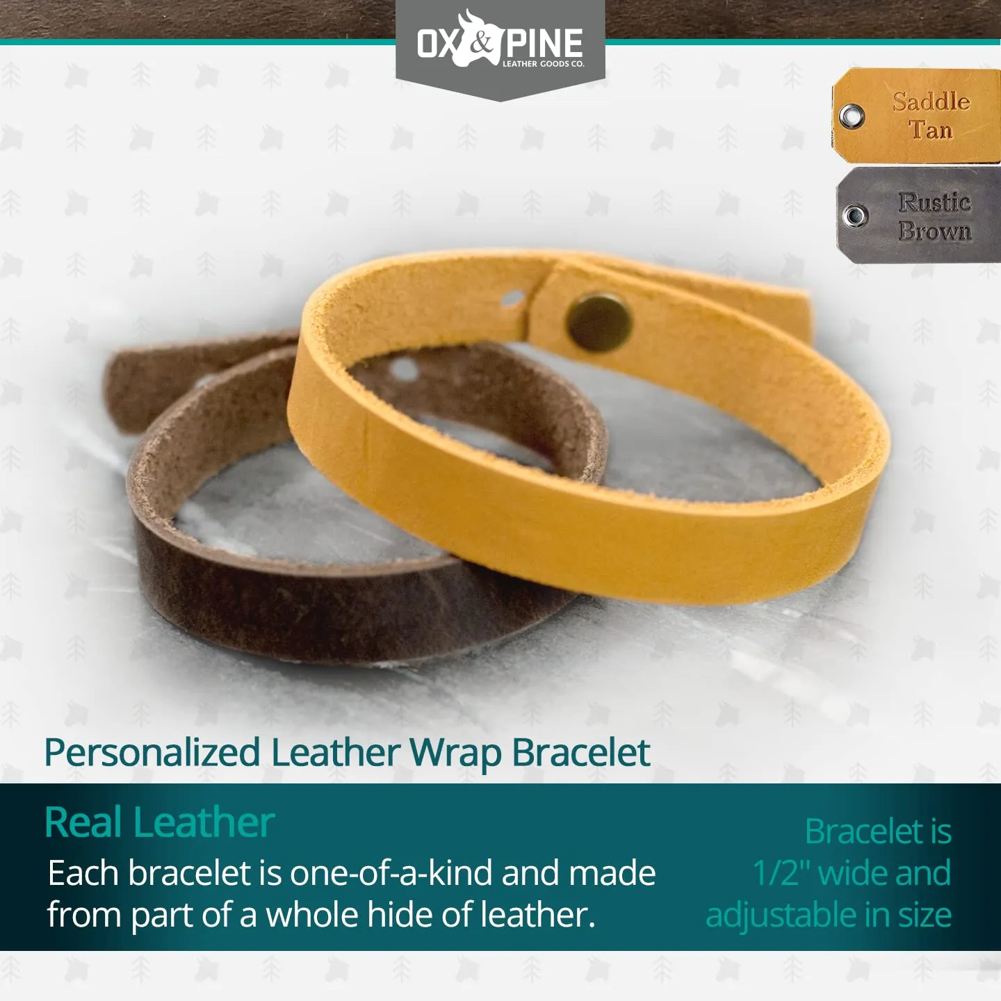 Ox & Pine Personalized Leather Wrap Bracelet - Customize Inscription- 100% Full-Grain Leather - .5 W (Medium/Large, Rustic Brown)
